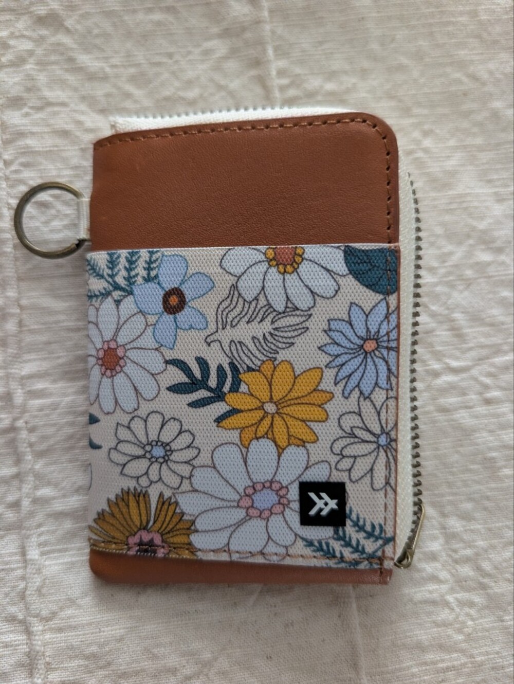 Thread Wallet Leather Floral Zip Card & Key Wallet with Tan Leather Trim.